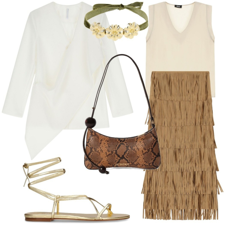Outfit donna - Serata etnica. Stile Etnico per Serata fuori. Abbinamento con blazer, top, gonne lunghe, collane, sandali in pelle, borse a spalla.