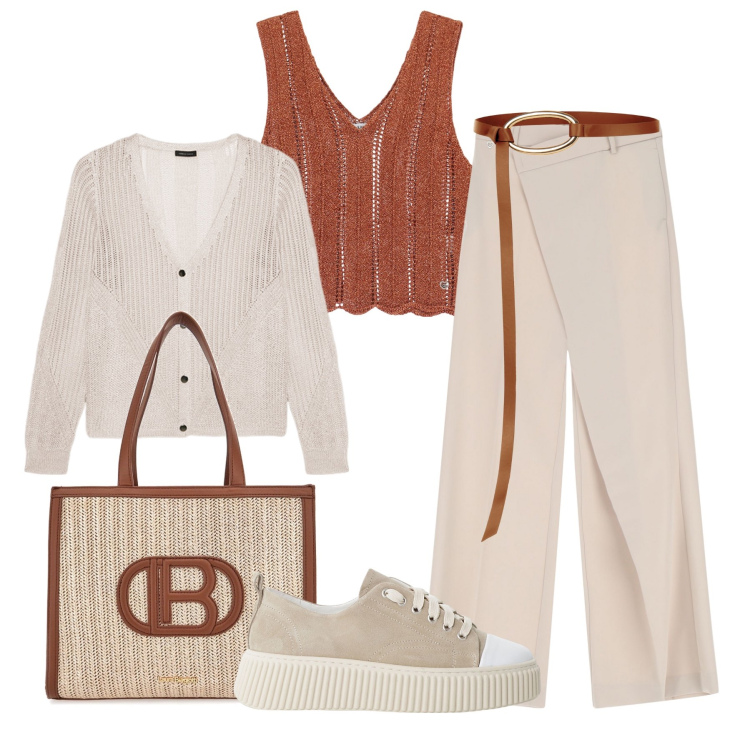 Outfit donna - Casual chic H24. Stile Casual chic per Tutti i giorni. Abbinamento con cinture, pantaloni, top, sneakers, borse a spalla, cardigans.