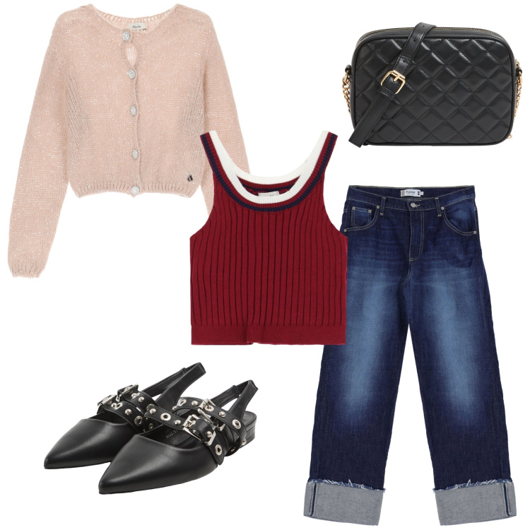 Outfit donna - Primavera. Stile Sporty chic per Tutti i giorni. Abbinamento con borse a tracolla, sabot, jeans, cardigans, top.
