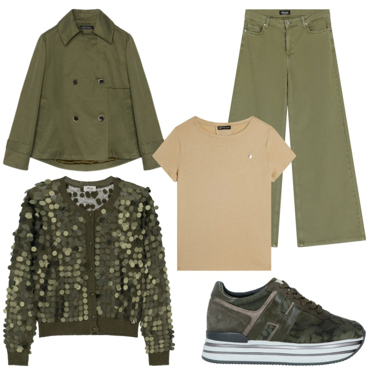 Outfit donna - Total look #2092546. Abbinamento con sneakers, trench, cardigans, pantaloni, t-shirt.