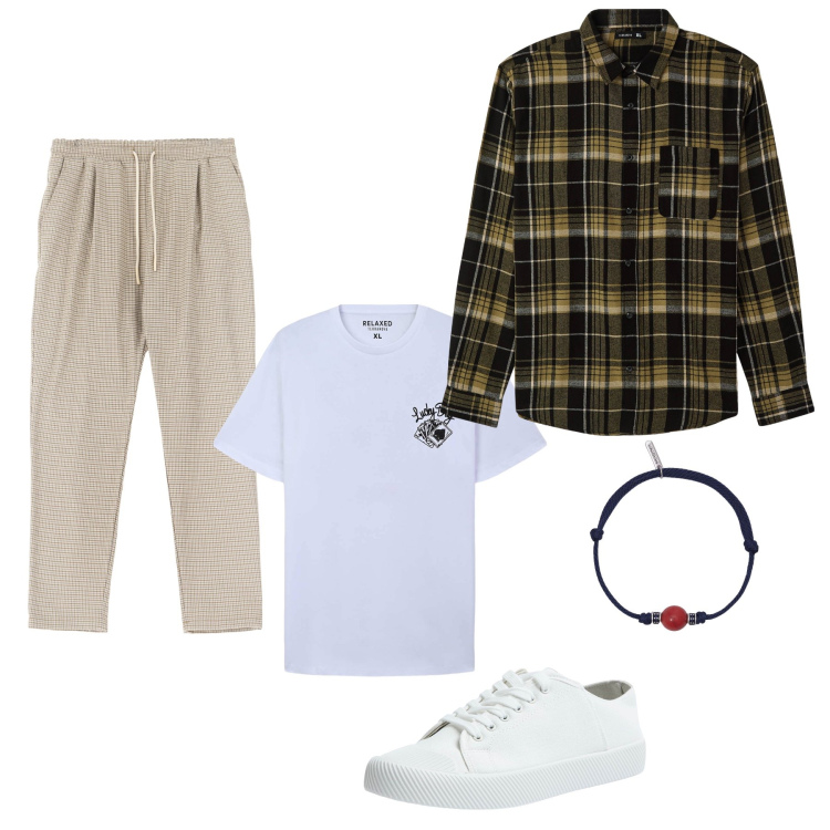 Outfit uomo - Tempo libero. Stile Trendy per Tutti i giorni. Abbinamento con t-shirt, sneakers, camicie, braccialetti, pantaloni.
