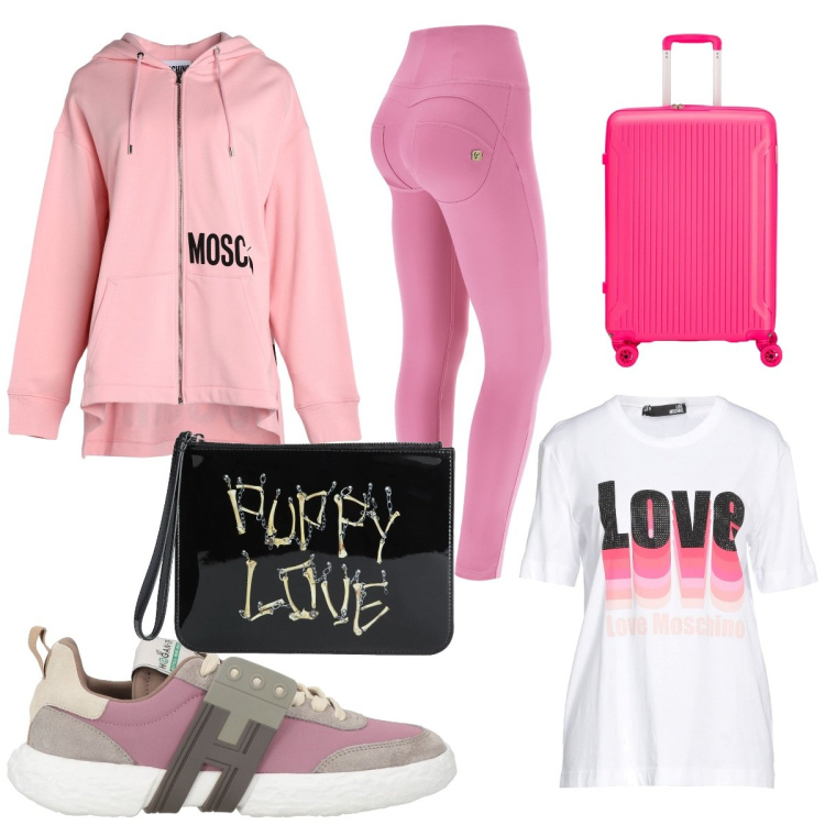 Outfit donna - Pronta per il Week.... Abbinamento con sneakers, borse a mano, felpe con cappuccio, t-shirt, pantaloni skinny, valigie.