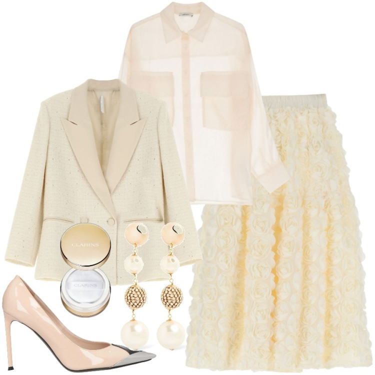Outfit donna - Sposa cuvy in municipio. Stile Romantica per Cerimonia. Abbinamento con décolleté, ciprie, blazer, gonne, camicie, orecchini.
