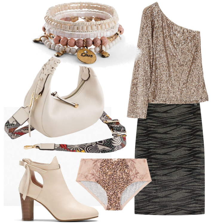 Outfit donna - Semplicemente aperitivo in centro. Stile Glamour per Serata fuori. Abbinamento con braccialetti, stivaletti, culotte, top, gonne longuette, borse a tracolla.