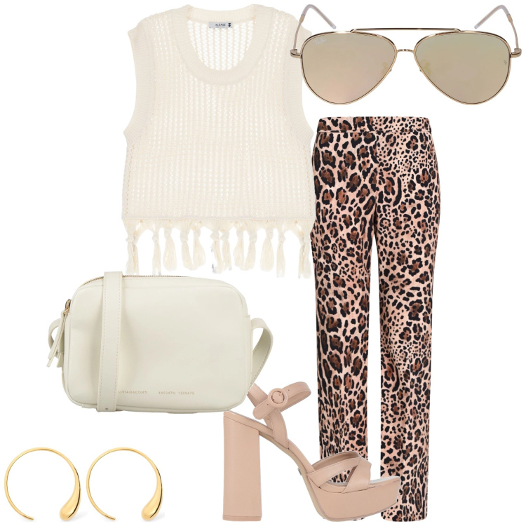 Outfit donna - Zeppe e frange. Stile Trendy per Serata fuori. Abbinamento con sandali in pelle, borse a tracolla, pantaloni, maglieria, occhiali da sole, orecchini.