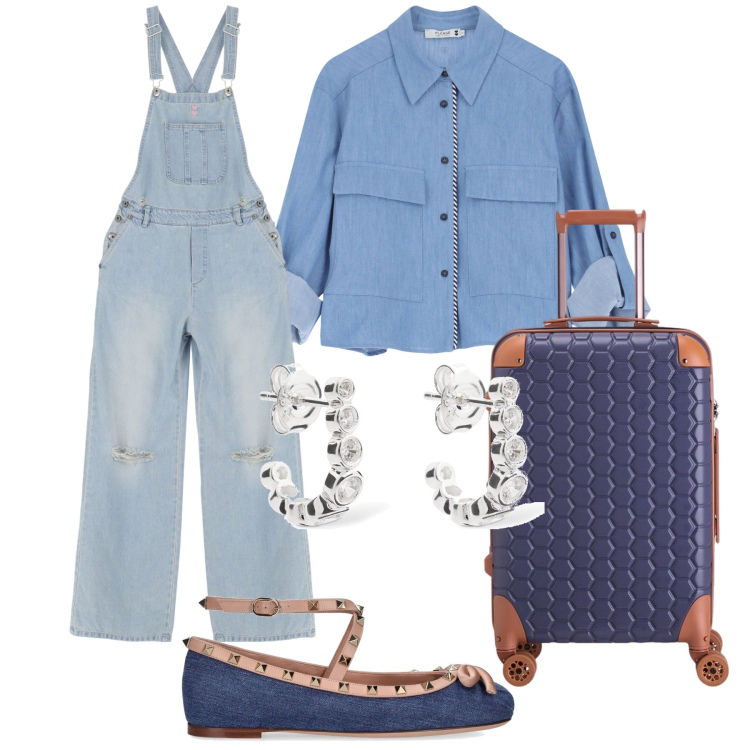 Outfit donna - Viaggio in jeans. Stile Sporty chic per Tutti i giorni. Abbinamento con salopette, camicie, valigie, ballerine, orecchini.