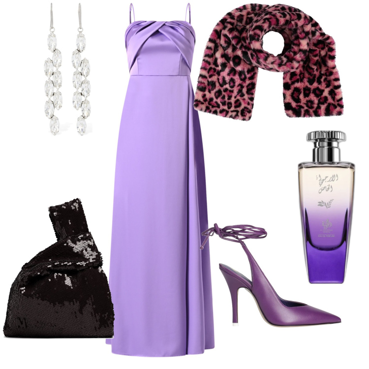 Outfit donna - Violetta di sera. Stile Chic per Serata fuori. Abbinamento con décolleté, sciarpe, profumi, vestiti lunghi, orecchini, pochette.