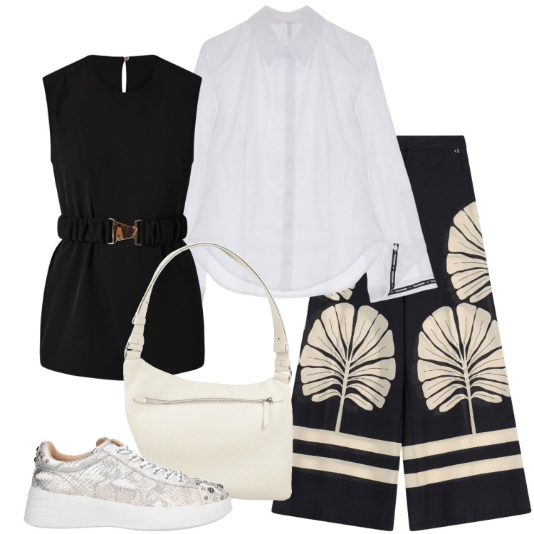 Outfit donna - Casual chic per la primavera. Stile Casual chic per Tutti i giorni. Abbinamento con sneakers, borse a tracolla, camicie, pantaloni a palazzo, bluse.