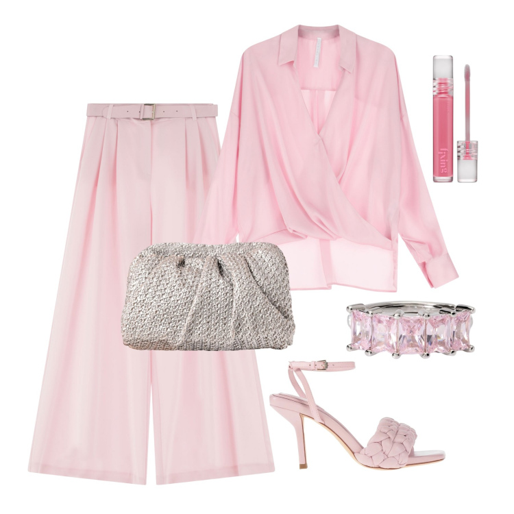 Outfit donna - Cerimonia rosa. Stile Glamour per Cerimonia. Abbinamento con sandali in pelle, rossetti, anelli, clutch, bluse, pantaloni a palazzo.