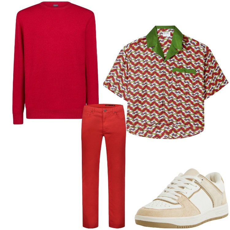 Outfit uomo - Rosso casual. Stile Casual per Tutti i giorni. Abbinamento con camicie a manica corta, sneakers, maglieria, pantaloni.