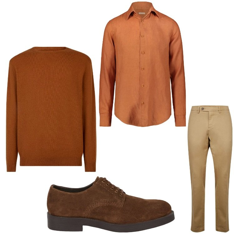 Outfit uomo - Formale in marrone. Stile Casual per Ufficio. Abbinamento con maglieria, camicie, pantaloni chino, scarpe stringate.