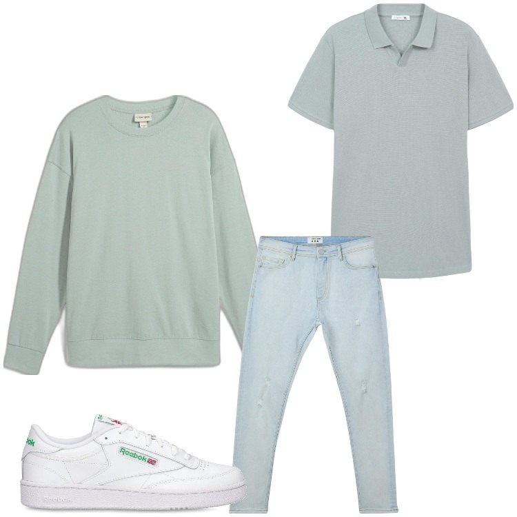 Outfit uomo - Verde delicato. Stile Casual per Tutti i giorni. Abbinamento con felpe, polo, jeans strappati, sneakers.