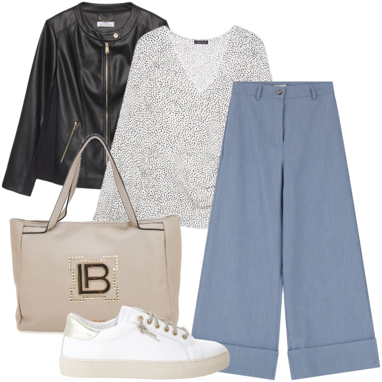 Outfit donna - Casual chic in ufficio. Stile Casual chic per Ufficio. Abbinamento con sneakers, pantaloni a palazzo, bluse, borse a spalla, blazer.