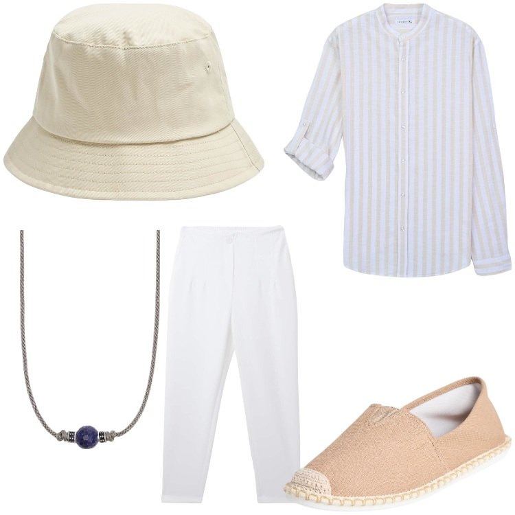 Outfit uomo - La bella stagione. Stile Casual per Tutti i giorni. Abbinamento con cappelli, espadrillas, pantaloni chino, camicie, collane.