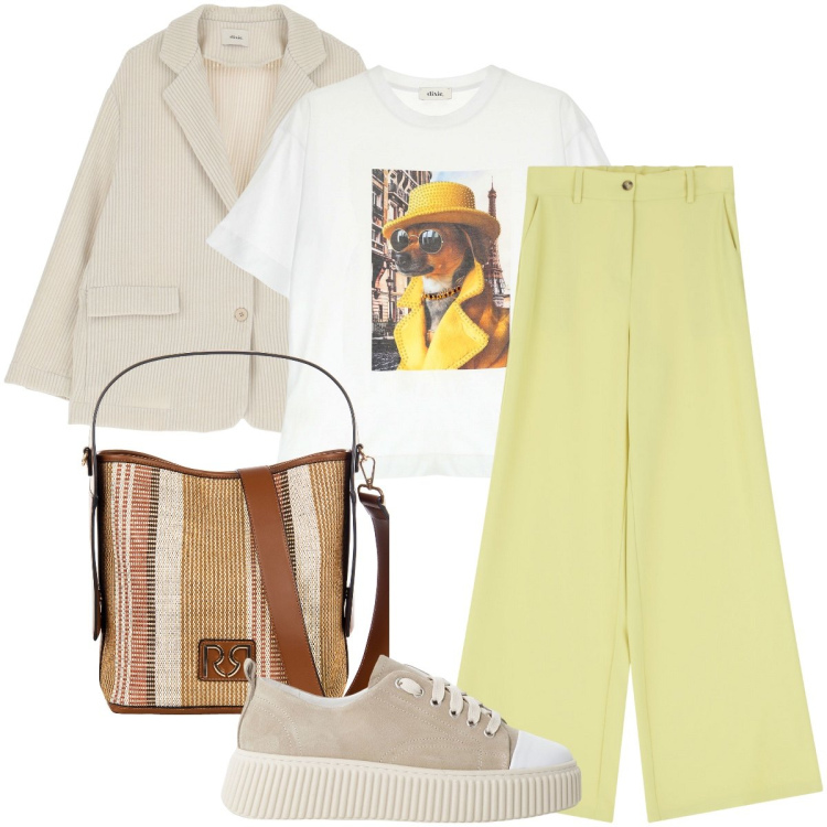 Outfit donna - Casual chic di giorno. Stile Casual chic per Tutti i giorni. Abbinamento con sneakers, borse a secchiello, pantaloni a palazzo, blazer, t-shirt.