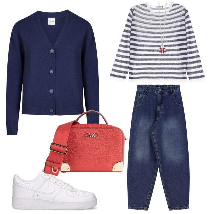 Outfit donna - Vado in nave. per Mare. Abbinamento con borse a tracolla, collane, maglieria, jeans, cardigans, sneakers.