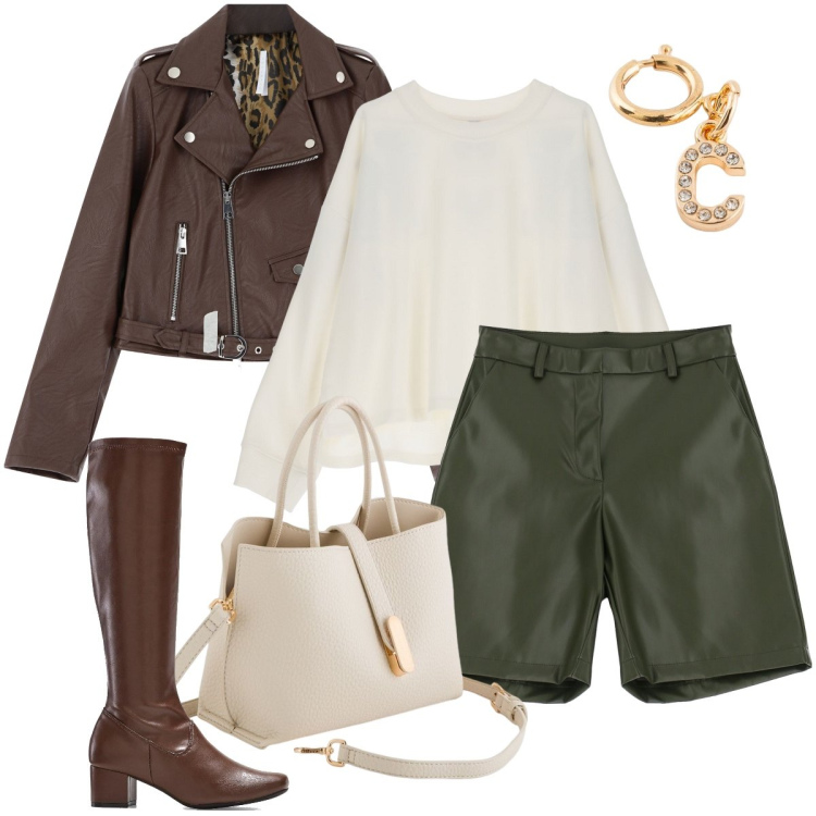 Outfit donna - Gli shorts in ecopelle. Stile Trendy per Tutti i giorni. Abbinamento con stivali, giacche, shorts, felpe, borse a mano, portachiavi.