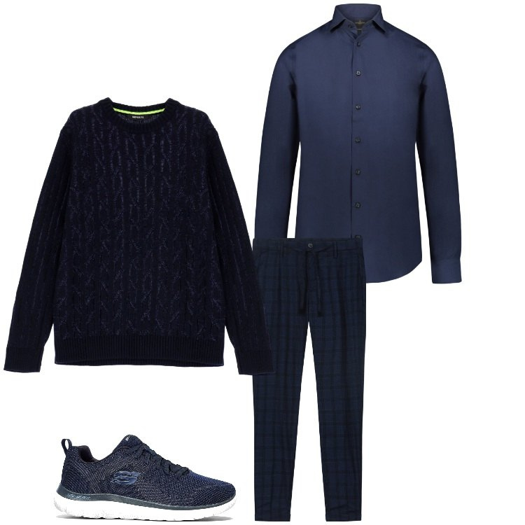 Outfit uomo - Tuttoblu. Stile Casual per Tutti i giorni. Abbinamento con sneakers, maglieria, camicie, pantaloni.