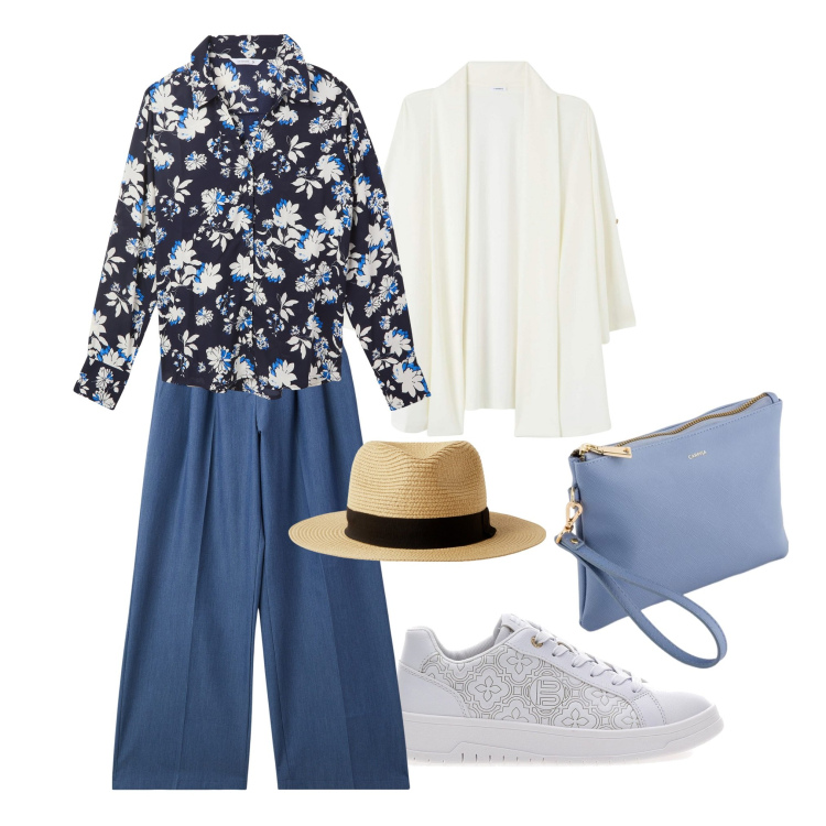 Outfit donna - Comfort Spring. Stile Casual chic per Tutti i giorni. Abbinamento con camicie, jeans, blazer, cappelli, sneakers, pochette.