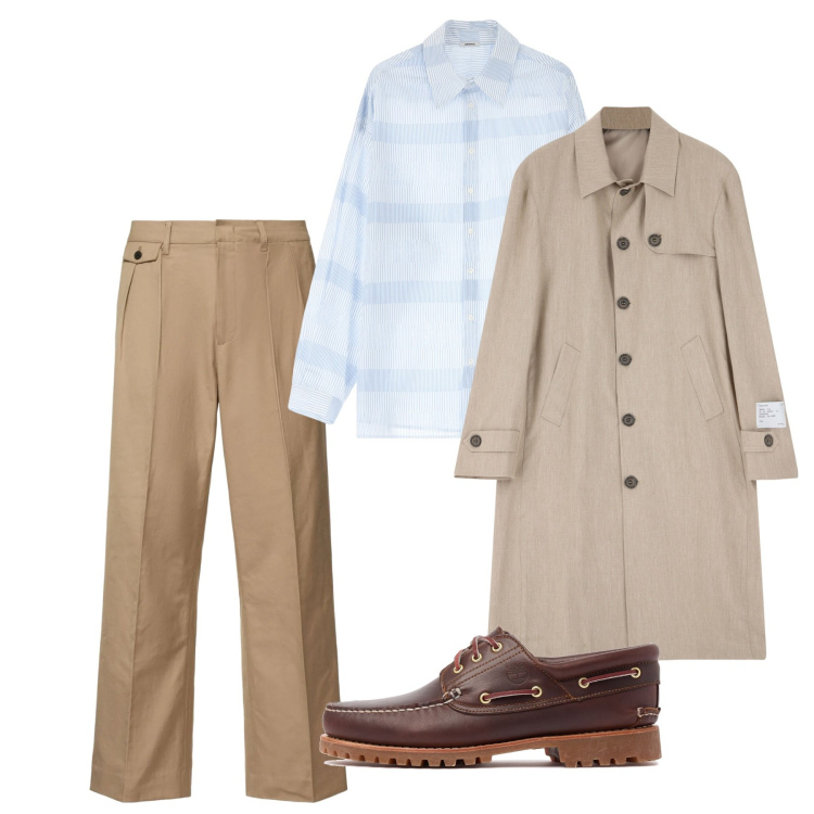 Outfit uomo - Marzo. Stile Trendy per Tutti i giorni. Abbinamento con camicie, trench, pantaloni chino, scarpe stringate.