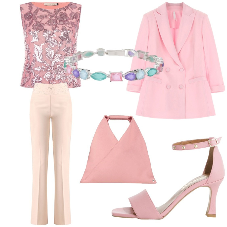 Outfit donna - Primavera in rosa @susystyle. Stile Casual chic per Ufficio. Abbinamento con borse a mano, blazer, sandali col tacco, braccialetti, top, pantaloni.