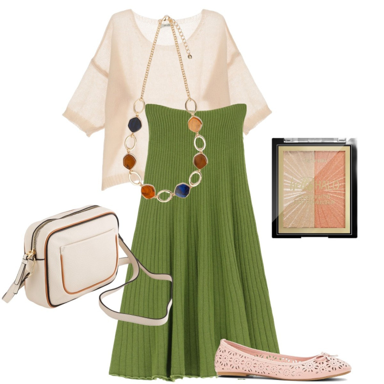 Outfit donna - La gonna a coste. Stile Romantica per Tutti i giorni. Abbinamento con ballerine, blush, gonne longuette, pullovers, borse a tracolla, collane.