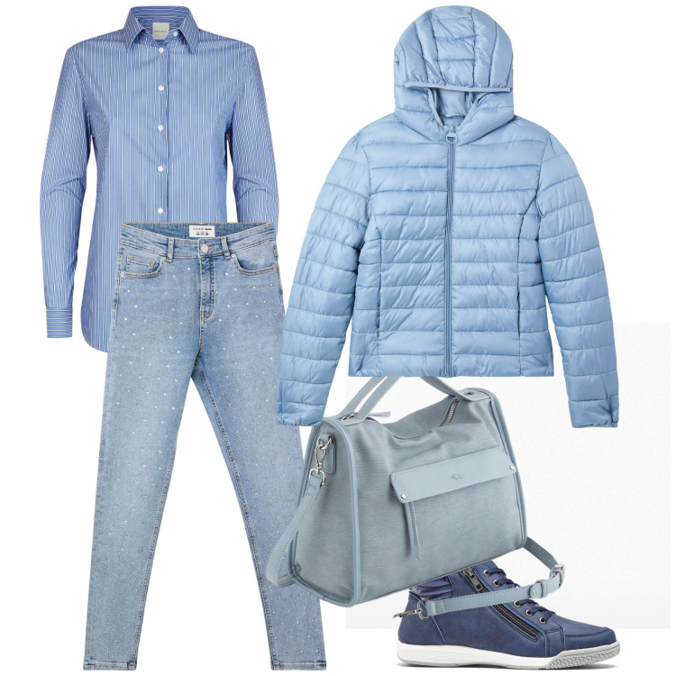 Outfit donna - L azzurro di primavera. Stile Casual chic per Tutti i giorni. Abbinamento con sneakers alte, piumini, jeans skinny, borse a mano, camicie.