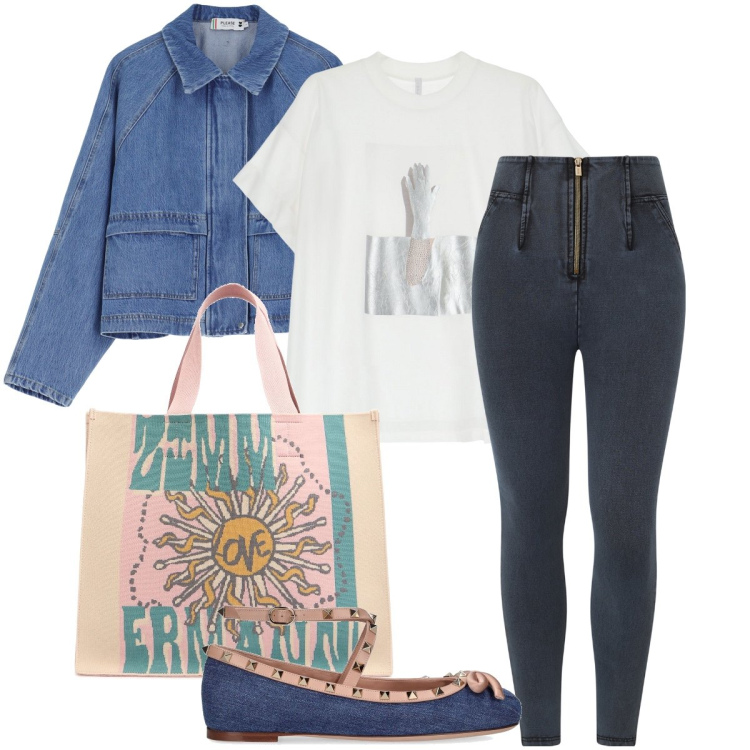 Outfit donna - Le ballerine in jeans. Stile Trendy per Tutti i giorni. Abbinamento con blazer, t-shirt, jeggings, shopping bag, ballerine.