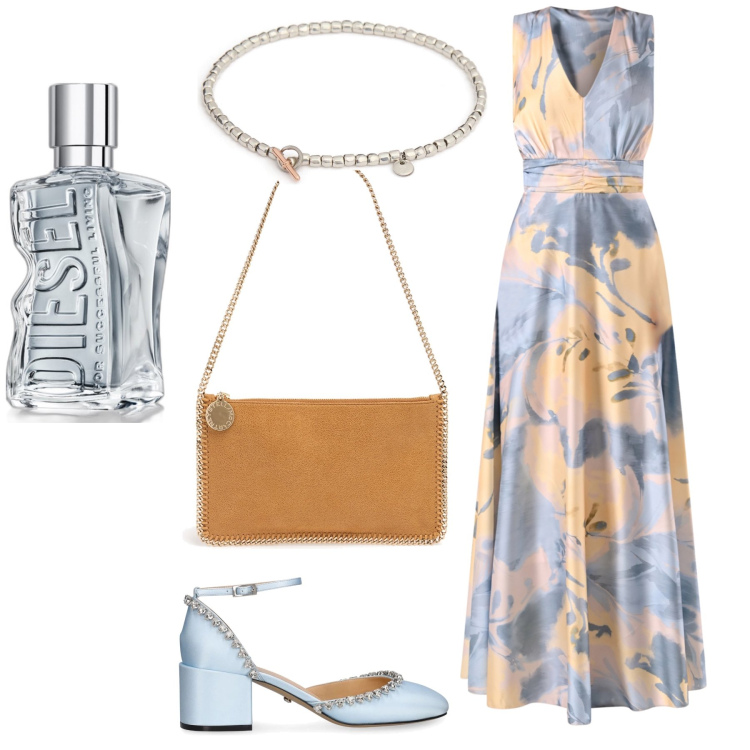 Outfit donna - Cerimonia in raso. Stile Bon Ton per Cerimonia. Abbinamento con profumi, vestiti lunghi, décolleté, braccialetti, pochette.