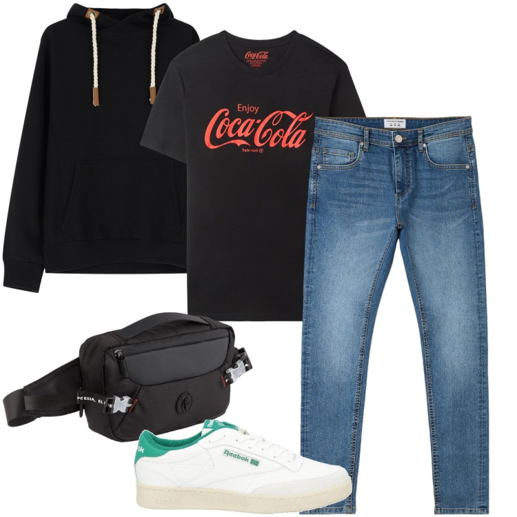 Outfit uomo - Tutti i giorni. Stile Casual per Tutti i giorni. Abbinamento con sneakers, t-shirt, jeans skinny, felpe con cappuccio, borse sportive.