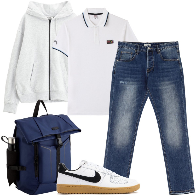 Outfit uomo - La polo bianca. Stile Casual per Ufficio. Abbinamento con polo, jeans dritti, felpe con cappuccio, sneakers, borse sportive.