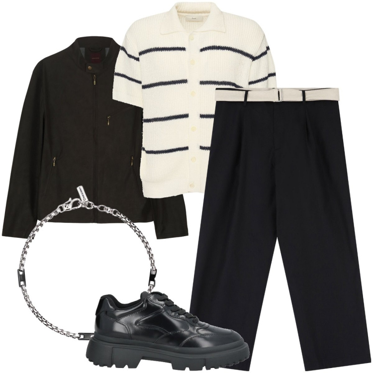 Outfit uomo - La polo a righe. Stile Business/Elegante per Serata speciale. Abbinamento con sneakers, braccialetti, pantaloni, giacche, polo.