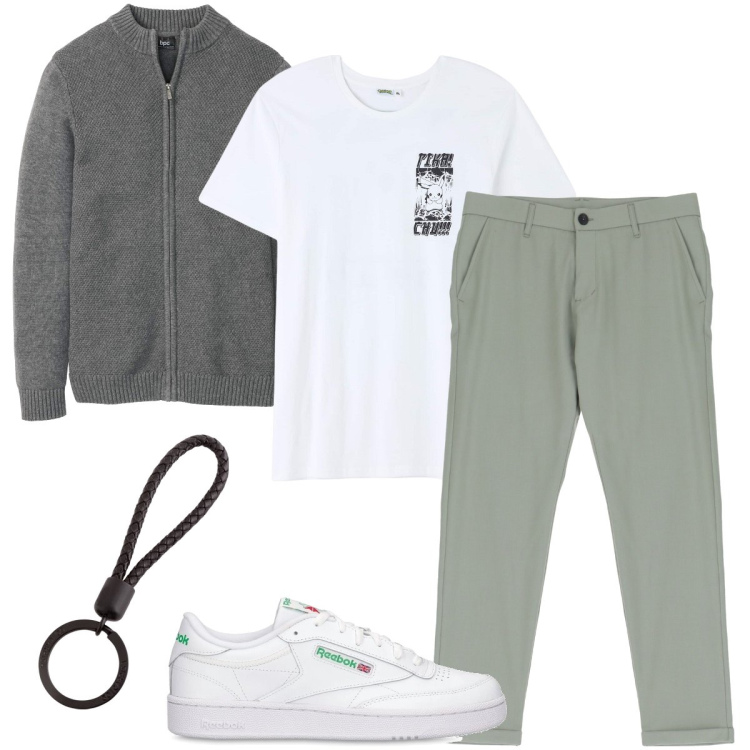 Outfit uomo - Basic di giorno. Stile Casual per Tutti i giorni. Abbinamento con cardigans, t-shirt, pantaloni, sneakers, portachiavi.