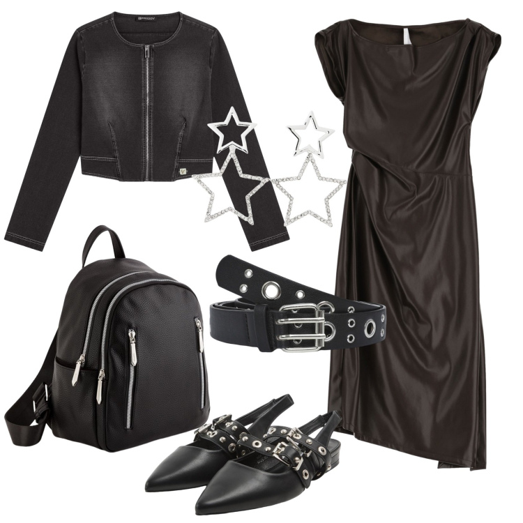 Outfit donna - Total black con le borchie. Stile Casual chic per Ufficio. Abbinamento con cinture, orecchini, sabot, blazer, vestiti midi/longuette, zaini.