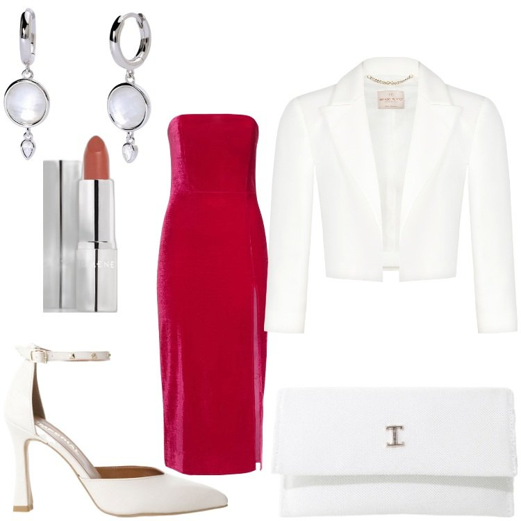 Outfit donna - Una signora in rosso. Stile Chic per Serata fuori. Abbinamento con rossetti, orecchini, bolero, décolleté, borse a tracolla, vestiti midi/longuette.