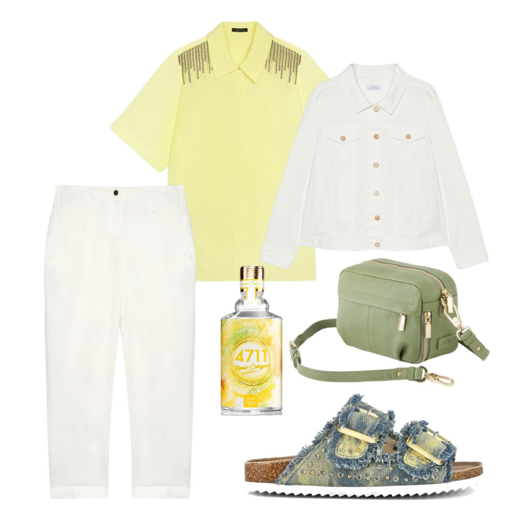 Outfit donna - Look che esprime energia!. Stile Casual per Tutti i giorni. Abbinamento con profumi, sandali, camicie a manica corta, pantaloni, borse a tracolla, blazer.