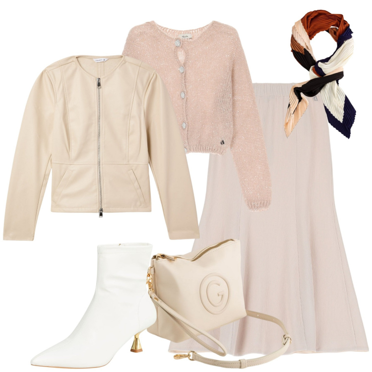 Outfit donna - City. Stile Urban per Tutti i giorni. Abbinamento con stivaletti, blazer, gonne lunghe, cardigans, valigie, foulard.