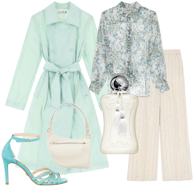 Outfit donna - Verde acqua. Stile Chic per Cerimonia. Abbinamento con borse a tracolla, profumi, pantaloni a palazzo, trench, sandali col tacco, camicie.