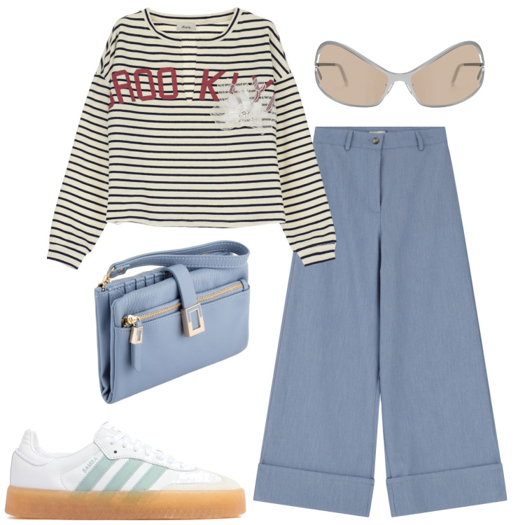 Outfit donna - Giro in centro. Stile Casual per Tutti i giorni. Abbinamento con pantaloni a palazzo, felpe, portafogli, sneakers, occhiali da sole.