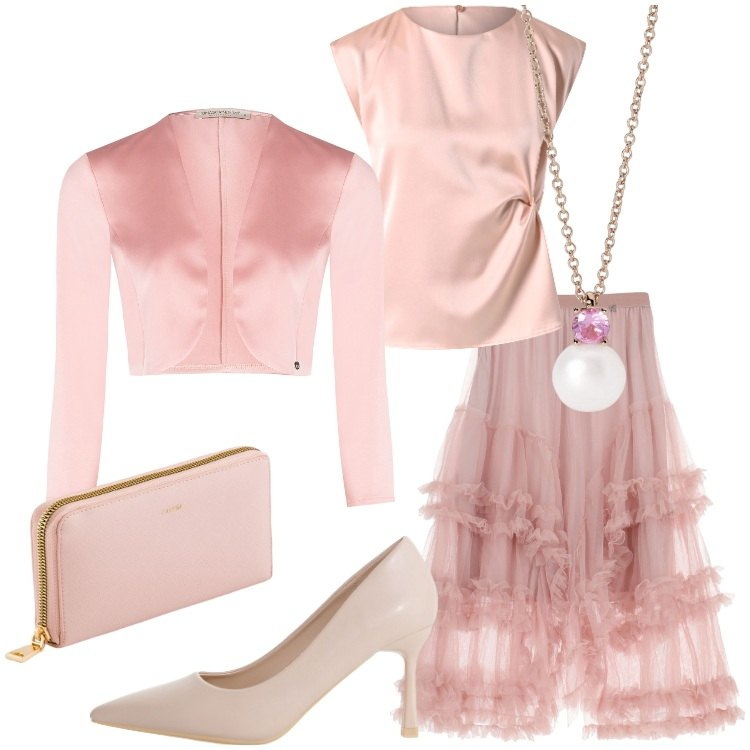 Outfit donna - Primavera in rosa - @susystyle. Stile Romantica per Cerimonia. Abbinamento con décolleté, gonne lunghe, collane, top, bolero, portafogli.