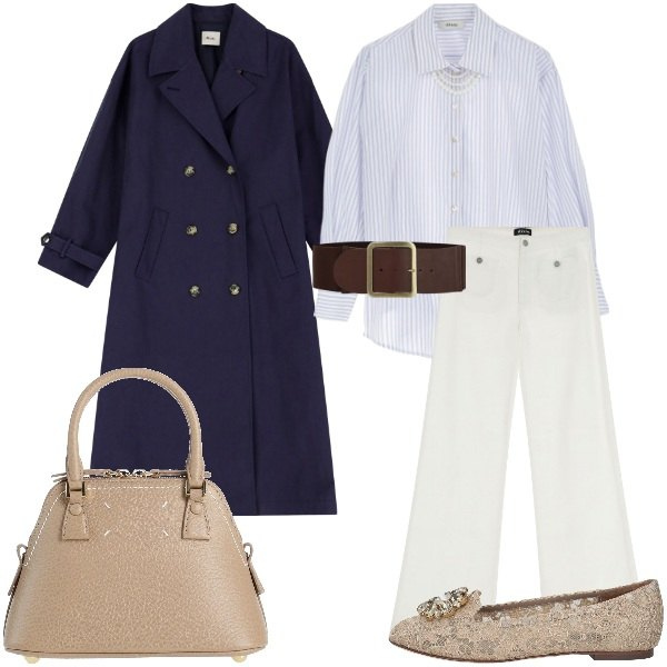 Outfit donna - Il trench. Stile Casual chic per Ufficio. Abbinamento con mocassini, borse a mano, trench, cinture, camicie, pantaloni a palazzo.