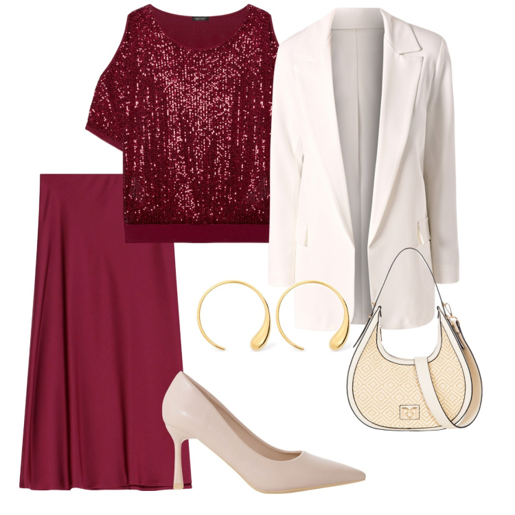 Outfit donna - Invito di primavera. per Cerimonia. Abbinamento con gonne longuette, décolleté, blazer, borse a mano, t-shirt, orecchini.