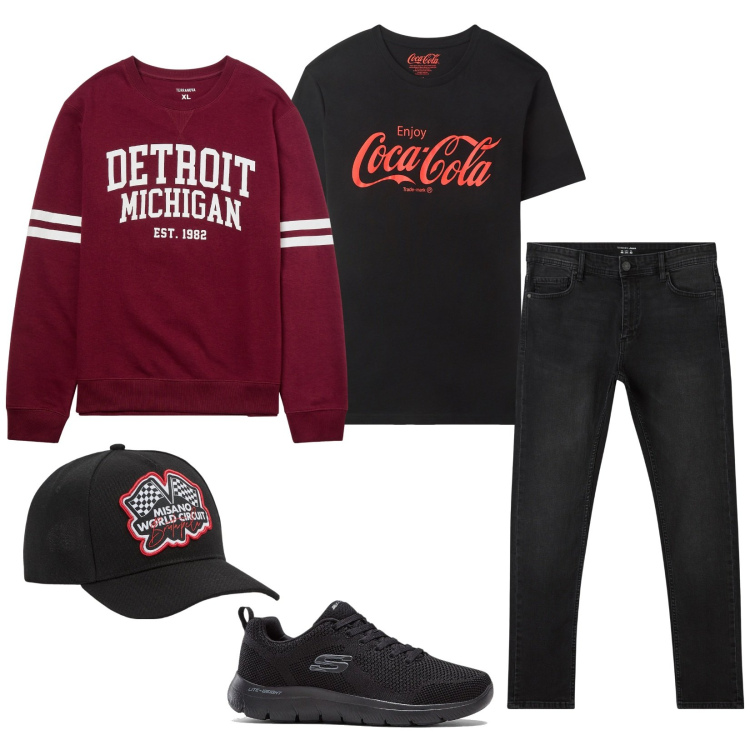 Outfit uomo - Total look #2092759. Stile Casual per Tutti i giorni. Abbinamento con sneakers, cappelli, jeans skinny, t-shirt, felpe.