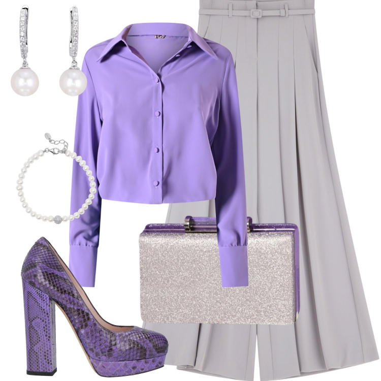 Outfit donna - Serata chic. Stile Chic per Serata fuori. Abbinamento con décolleté, orecchini, braccialetti, pochette, camicie, pantaloni.