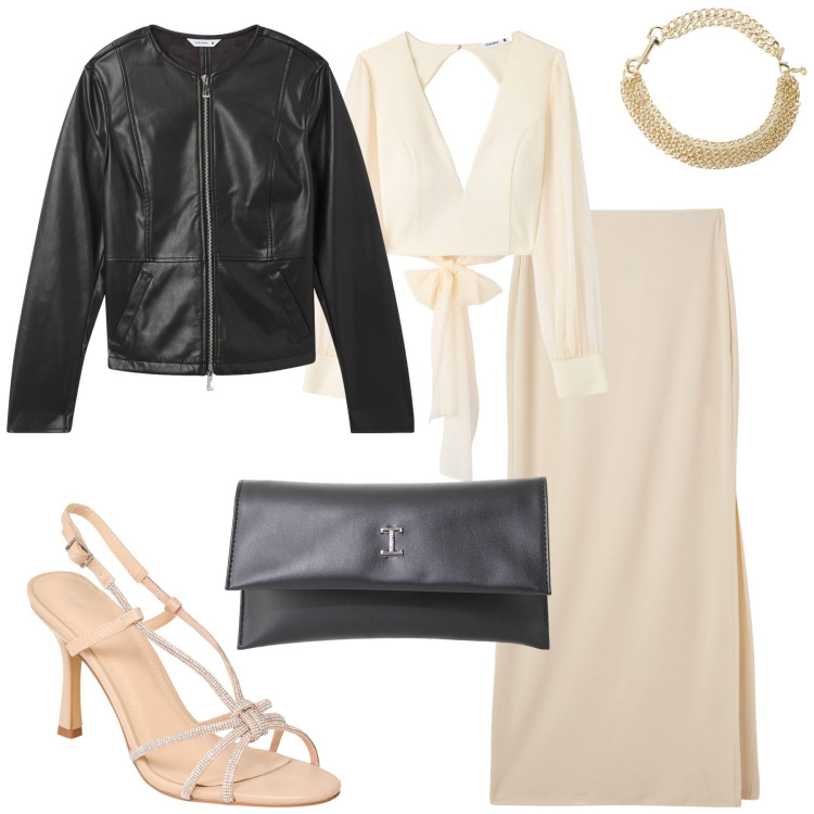 Outfit donna - Serata. Stile Trendy per Serata fuori. Abbinamento con gonne lunghe, blazer, bluse, sandali col tacco, pochette, collane.