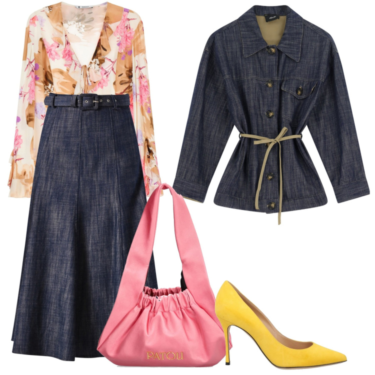 Outfit donna - Primavera in Denim. Stile Casual chic per Tutti i giorni. Abbinamento con décolleté, blazer, gonne longuette, camicie, borse a spalla.