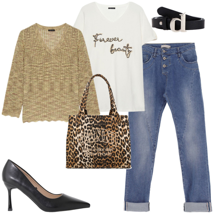Outfit donna - City. Stile Casual chic per Tutti i giorni. Abbinamento con décolleté, jeans slim fit, cinture, maglieria, t-shirt, shopping bag.