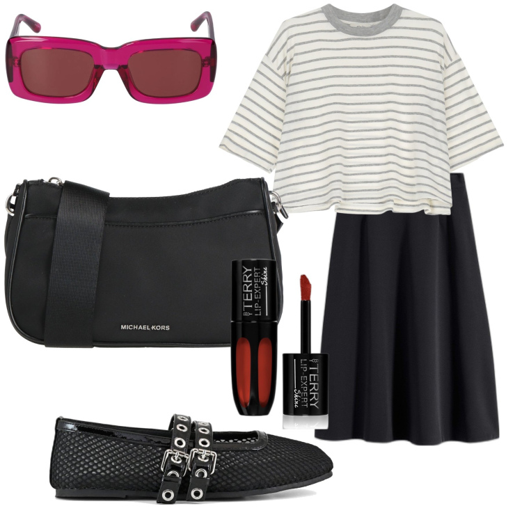 Outfit donna - Total look. Stile Trendy per Tutti i giorni. Abbinamento con gonne lunghe, borse a tracolla, rossetti, t-shirt, ballerine, occhiali da sole.