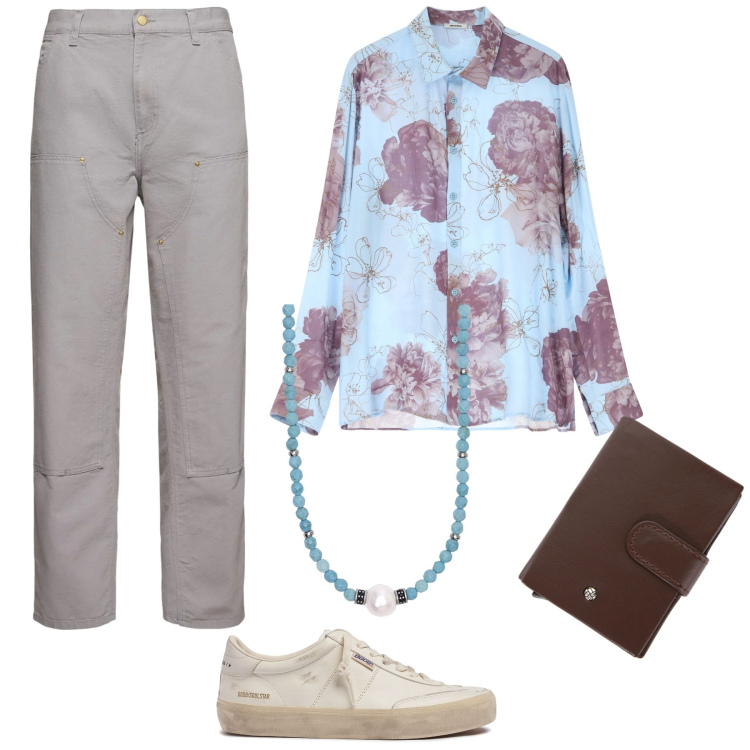 Outfit uomo - Turchese e perla bianca. Stile Trendy per Tutti i giorni. Abbinamento con collane, portafogli, camicie, sneakers, pantaloni.