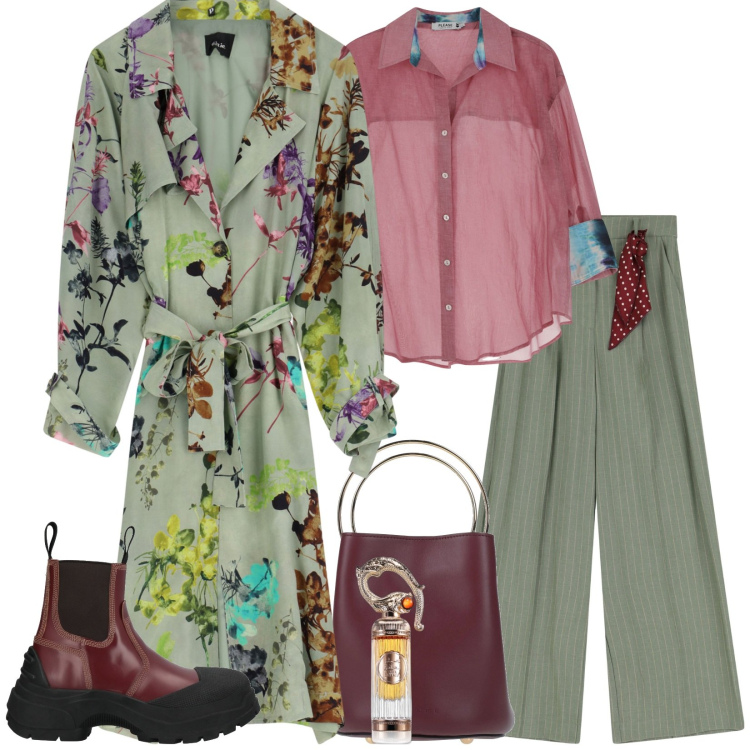 Outfit donna - Total look #2092780. Stile Casual chic per Tutti i giorni. Abbinamento con borse a mano, stivaletti, profumi, camicie, pantaloni a palazzo, trench.